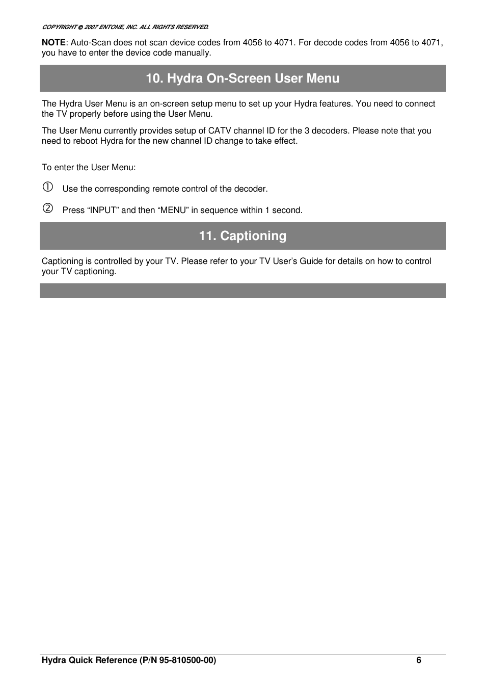 Hydra on-screen user menu, Captioning | Toshiba Entone 95-810500-00 User Manual | Page 6 / 14