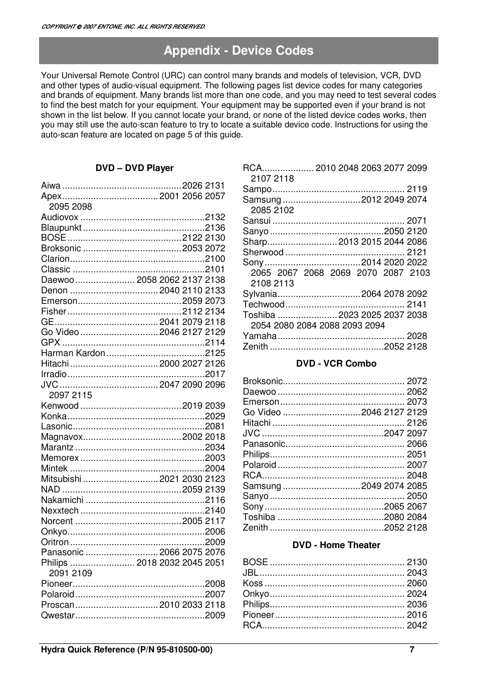 Appendix - device codes | Toshiba Entone 95-810500-00 User Manual | Page 7 / 14