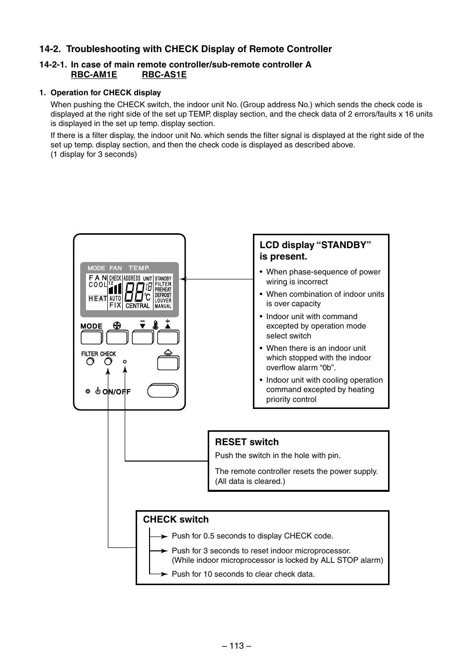 Lcd display “standby” is present, Reset switch, Check switch | Toshiba RAV-SM560BT-E User Manual | Page 113 / 181