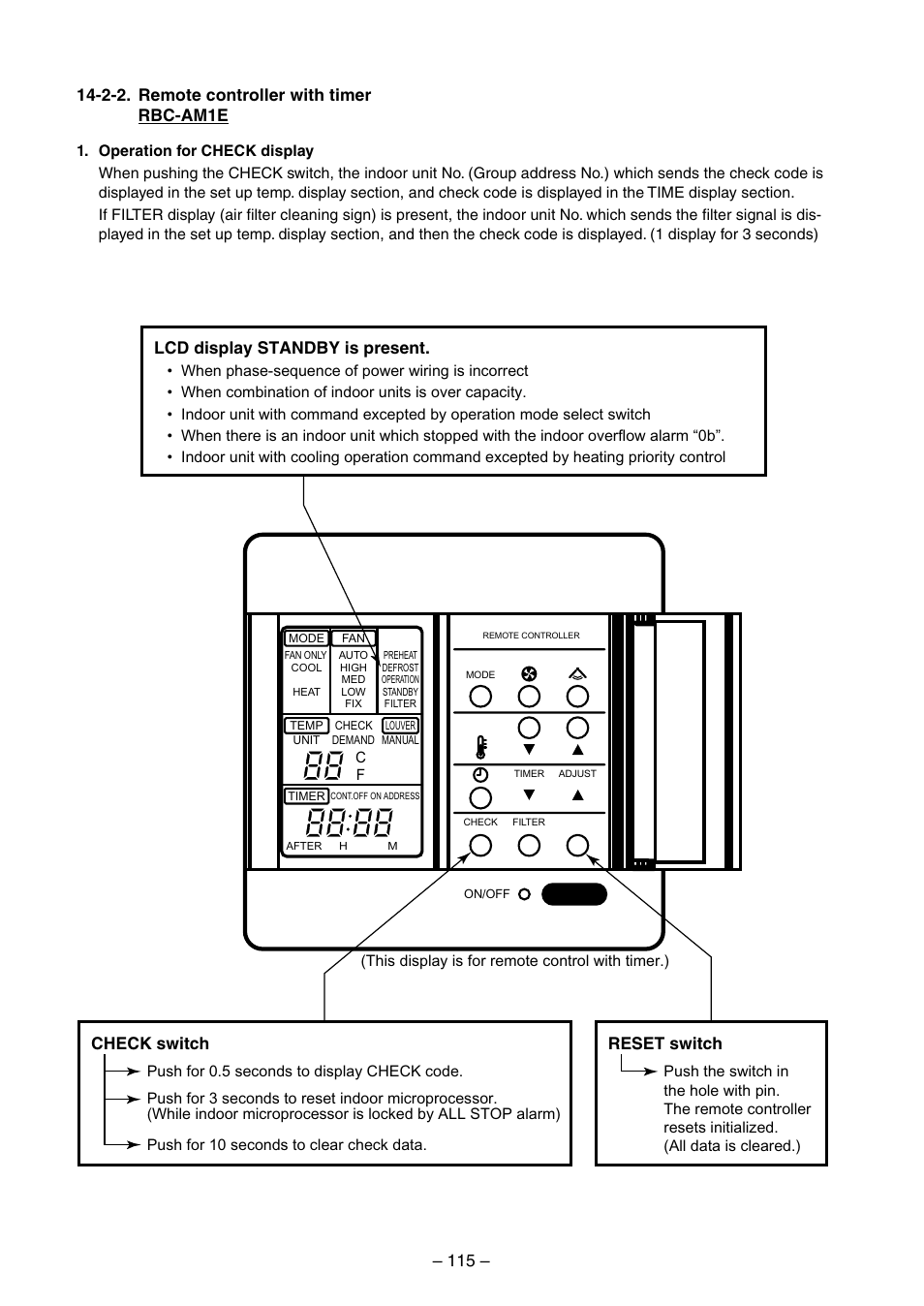 Lcd display standby is present, Check switch, Reset switch | Toshiba RAV-SM560BT-E User Manual | Page 115 / 181