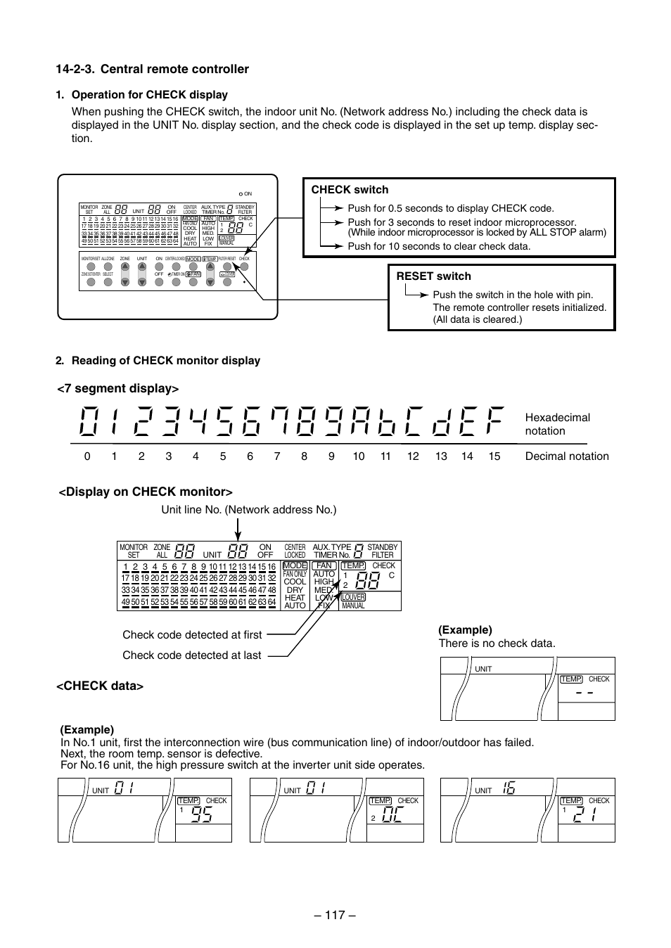 Reading of check monitor display, Check switch, Reset switch | Toshiba RAV-SM560BT-E User Manual | Page 117 / 181