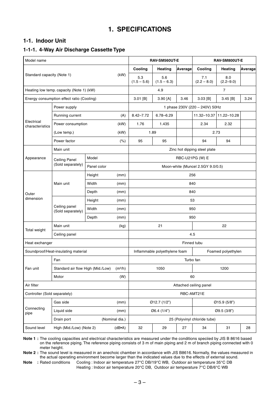 Specifications, 1. indoor unit, 1-1. 4-way air discharge cassette type | Toshiba RAV-SM560BT-E User Manual | Page 3 / 181