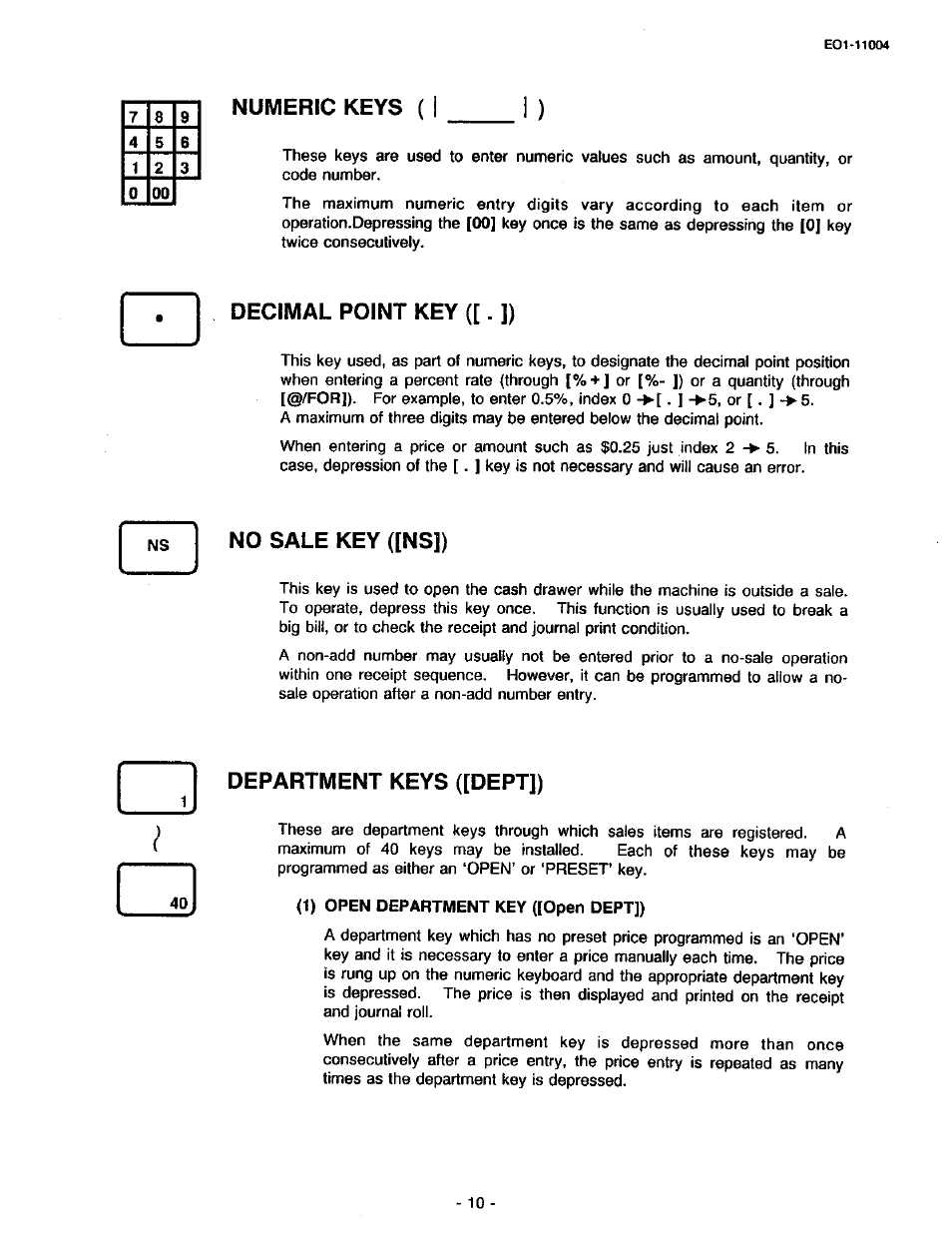 Decimal point key ([. ]), No sale key ([ns]), Department keys ([dept]) | Numeric keys | Toshiba TEC MA-227-100 User Manual | Page 13 / 94