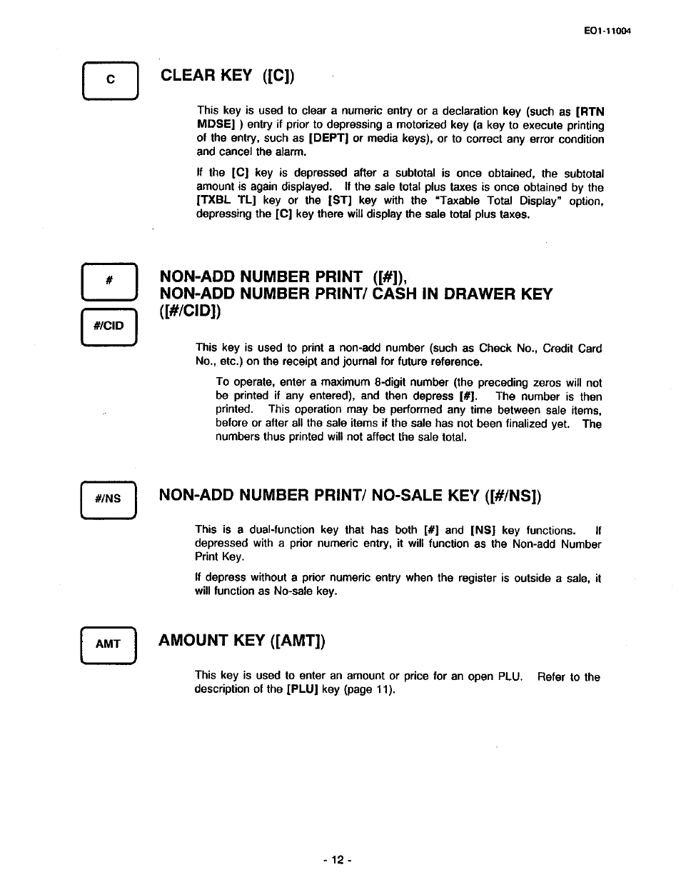 Clear key ([c]), Non-add number print ([#]), Non-add number print/ cash in drawer key ([#/cid]) | Non-add number print/ no-sale key ([#/ns]), Amount key ([amt]) | Toshiba TEC MA-227-100 User Manual | Page 15 / 94