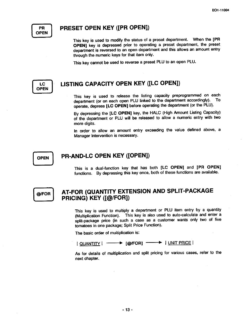 Preset open key ([pr open]), Listing capacity open key ([lc open]), Pr-and-lc open key ([open]) | At-for (quantity extension and split-package, Pricing) key ([©/for]) | Toshiba TEC MA-227-100 User Manual | Page 16 / 94