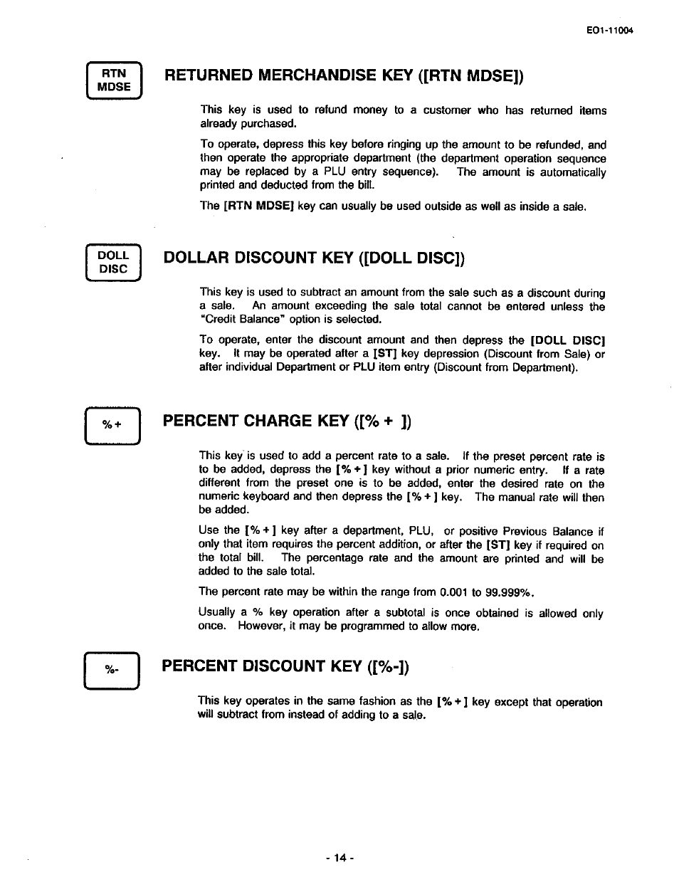 Returned merchandise key ([rtn mdse]), Dollar discount key ([doll disc]), Percent charge key ([% + ]) | Percent discount key ([%-]) | Toshiba TEC MA-227-100 User Manual | Page 17 / 94