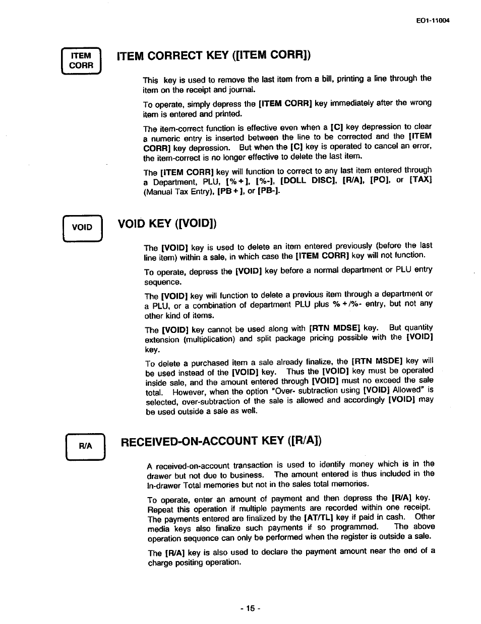 Item correct key ([item corr]), Void key ([void]), Received-on-account key ([r/a]) | Toshiba TEC MA-227-100 User Manual | Page 18 / 94