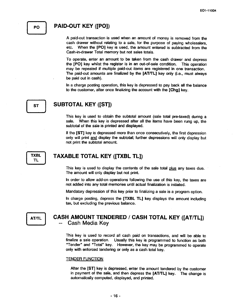 Paid-out key ([po]), Subtotal key ([st]), Taxable total key ([txbl tl]) | Tendered / cash total key ([at/tl]), Cash, Amount | Toshiba TEC MA-227-100 User Manual | Page 19 / 94