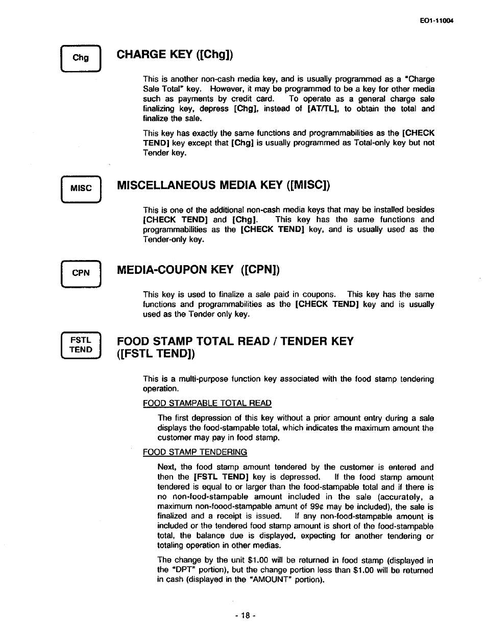 Charge key ([chg]), Miscellaneous media key ([misc]), Media-coupon key ([cpn]) | Food stamp total read / tender key ([fstl tend]) | Toshiba TEC MA-227-100 User Manual | Page 21 / 94