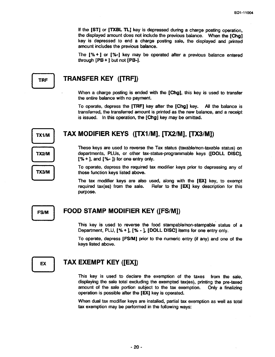 Transfer key ([trf]), Tax modifier keys ([tx1/m], [tx2/m], [tx3/m]), Food stamp modifier key ([fs/m]) | Tax exempt key ([ex]) | Toshiba TEC MA-227-100 User Manual | Page 23 / 94