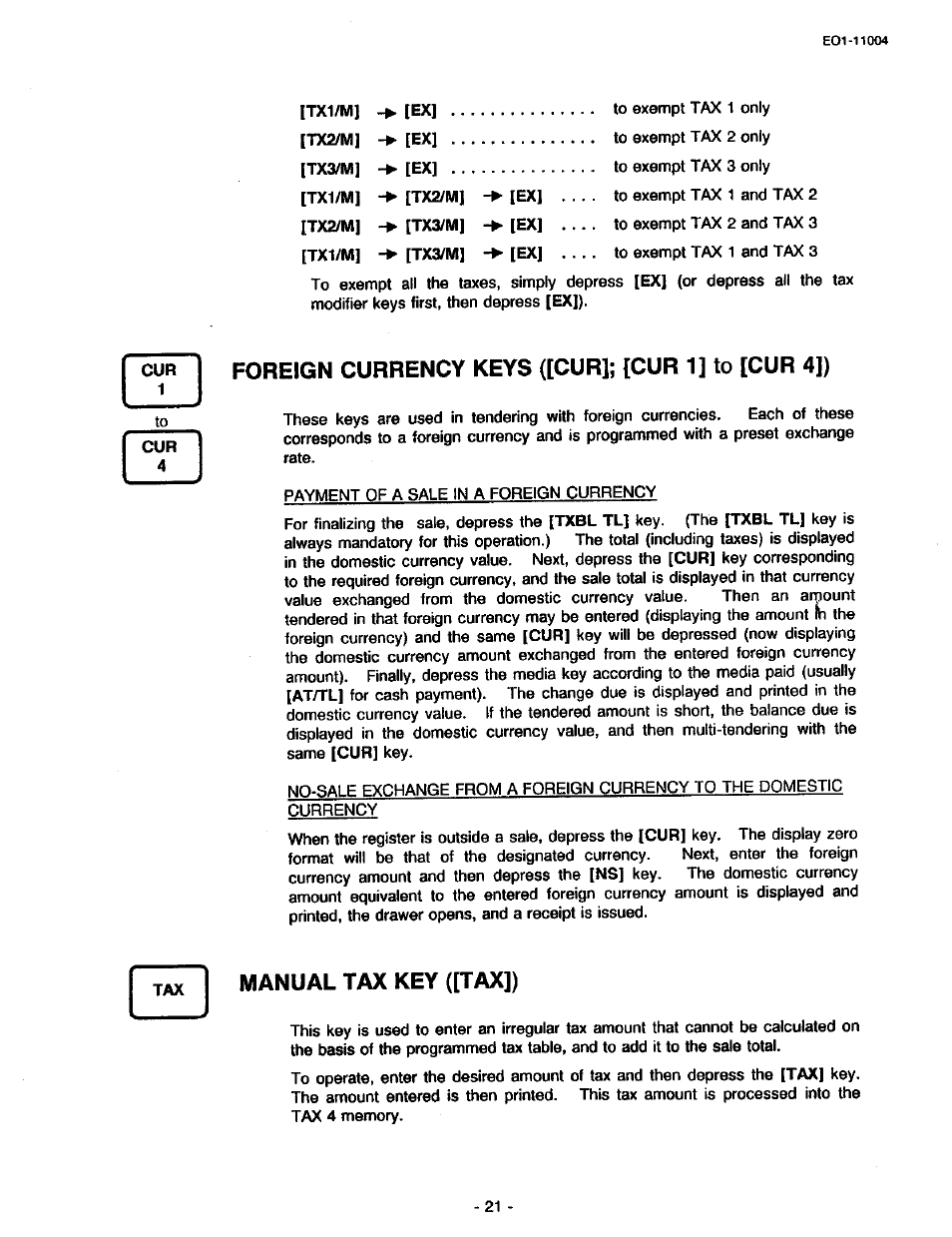 Foreign currency keys ([cur]; [cur 1] to [cur 4]), Manual tax key ([tax]) | Toshiba TEC MA-227-100 User Manual | Page 24 / 94