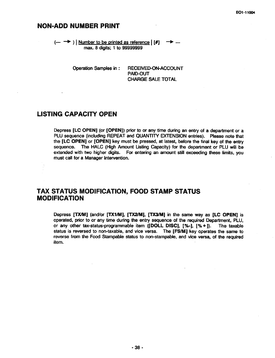 Non-add number print, Listing capacity open, Tax status/food stamp status modification | Toshiba TEC MA-227-100 User Manual | Page 41 / 94