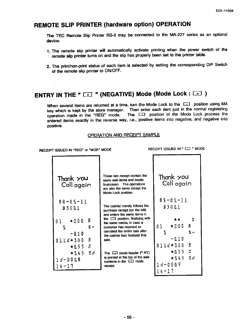 Call again, 89 s-11, Remote slip printer (hardware option) operation | Id-ooao, I3oai | Toshiba TEC MA-227-100 User Manual | Page 58 / 94