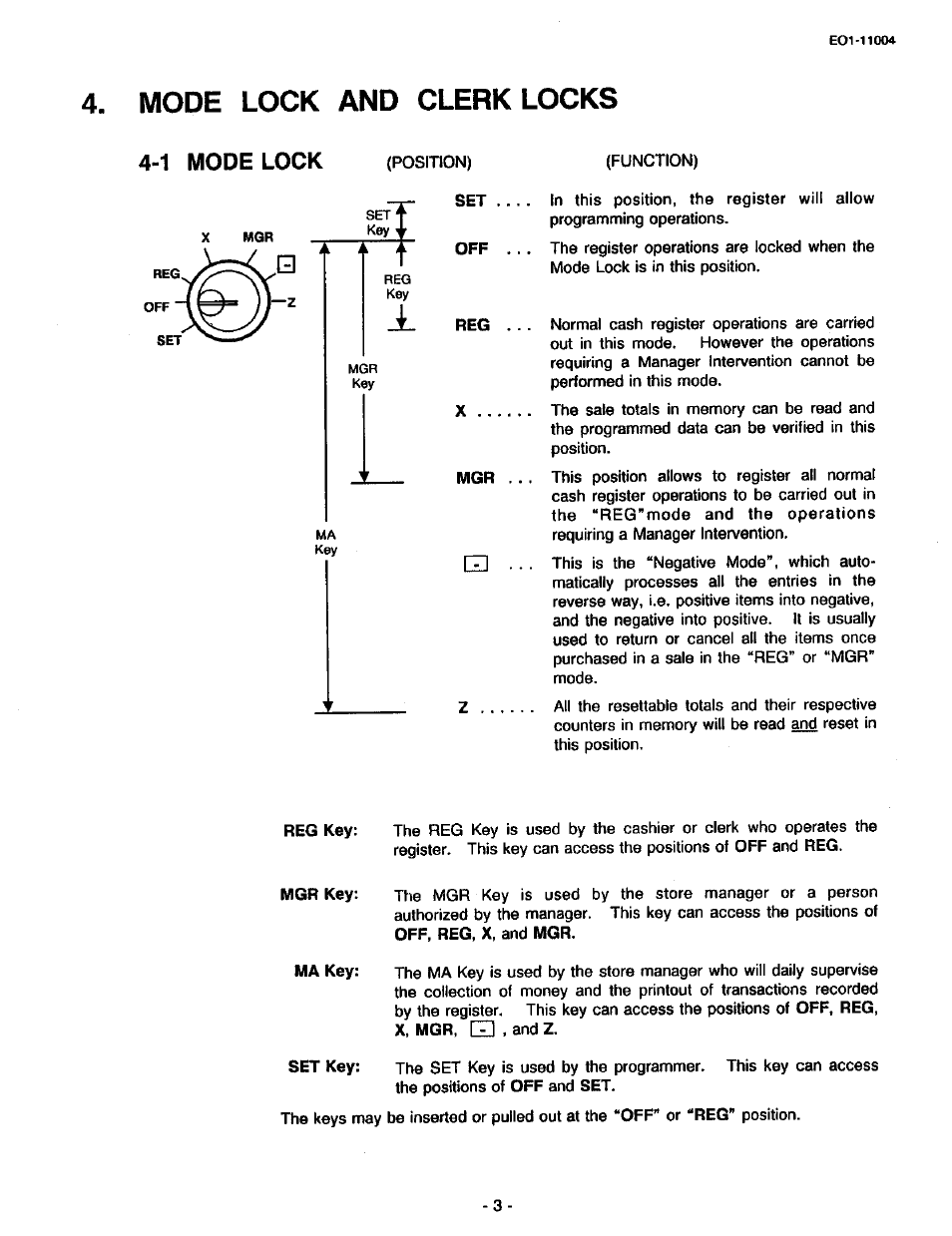 Mode lock and clerk locks, 1 mode lock | Toshiba TEC MA-227-100 User Manual | Page 6 / 94