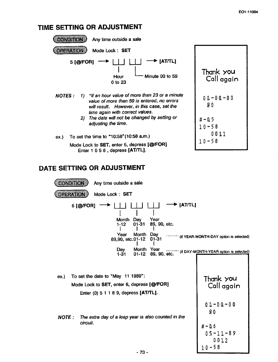 Time setting or adjustment, Oa-oa-oo, Io-58 | Date setting or adjustment, I i i, Lu l i, Lu lu lu —^ [at^li | Toshiba TEC MA-227-100 User Manual | Page 76 / 94