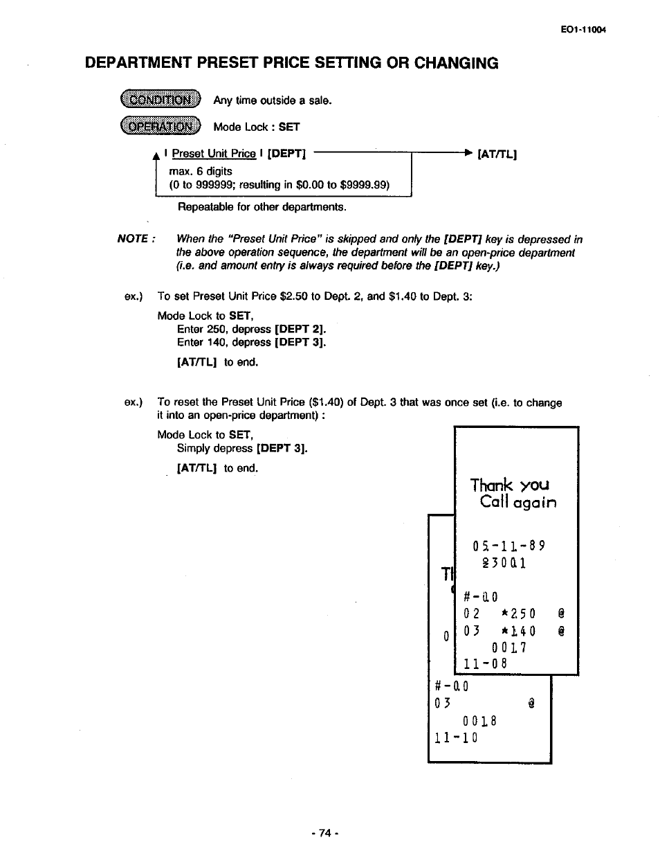 0 2 * 2.5 0 i, 0 3 * l 4 0 i, Department preset price setting or changing | Toshiba TEC MA-227-100 User Manual | Page 77 / 94