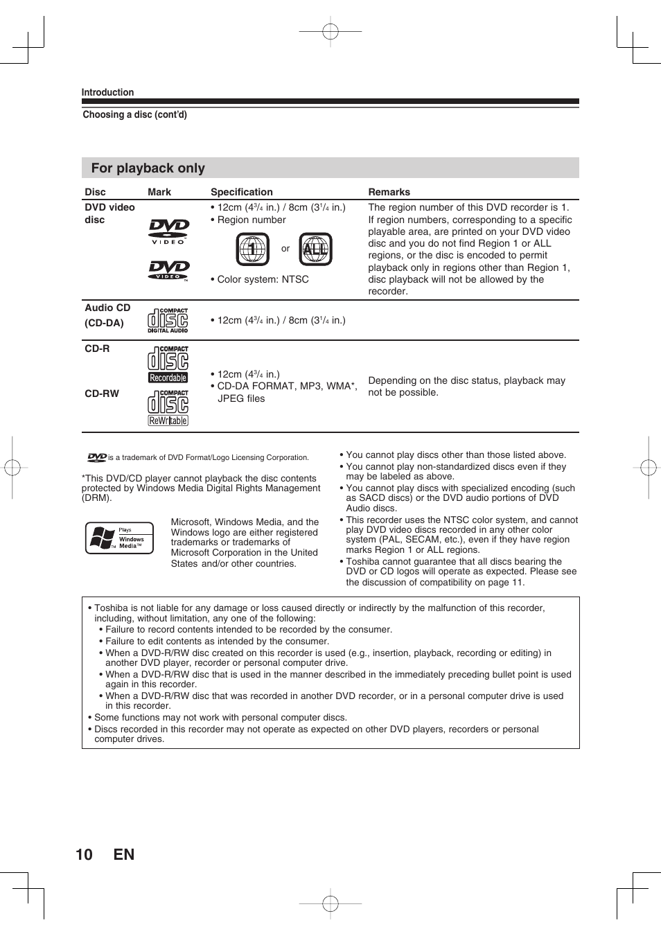 For playback only | Toshiba D-RW2SU User Manual | Page 10 / 48