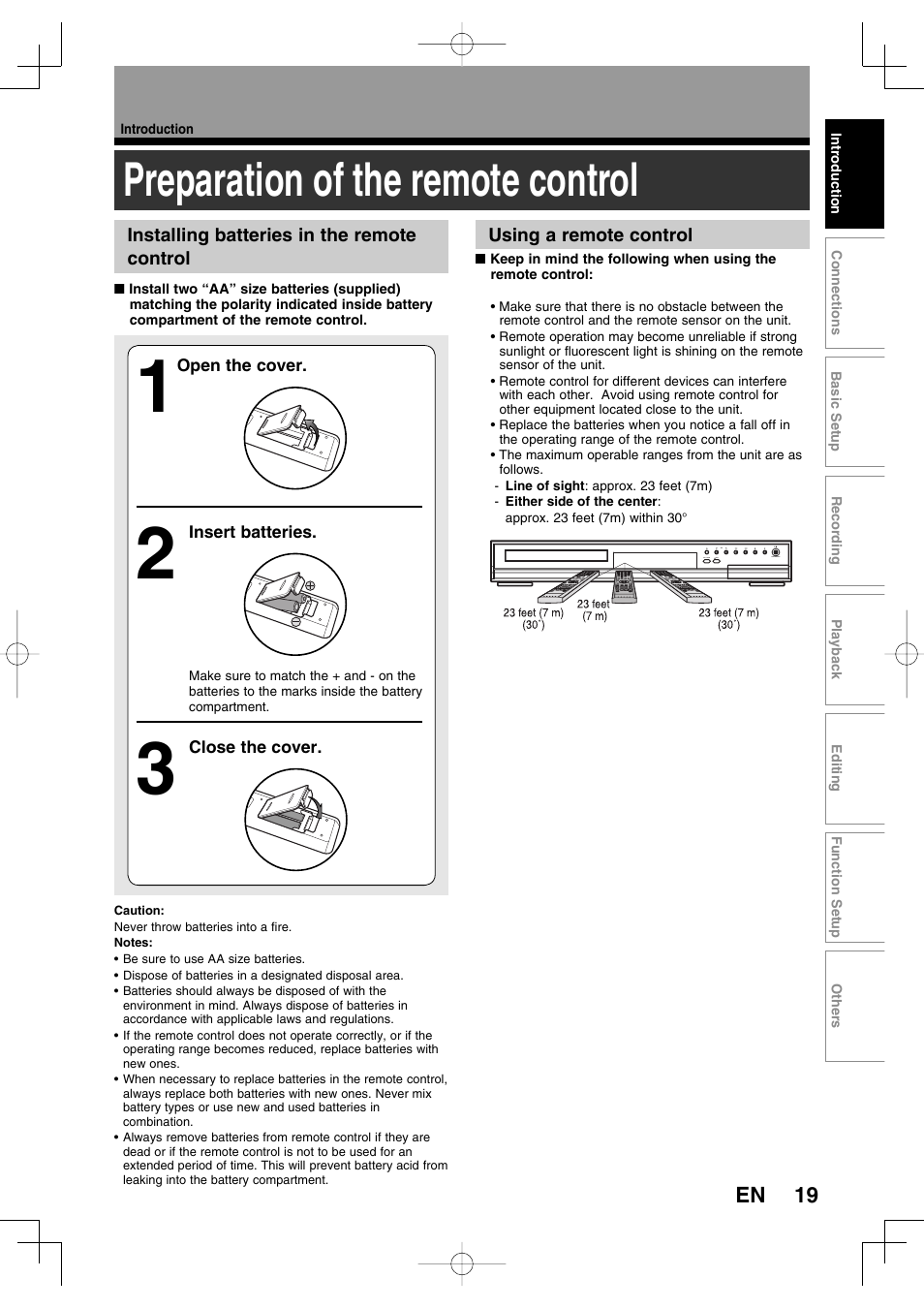 Preparation of the remote control | Toshiba D-RW2SU User Manual | Page 19 / 48