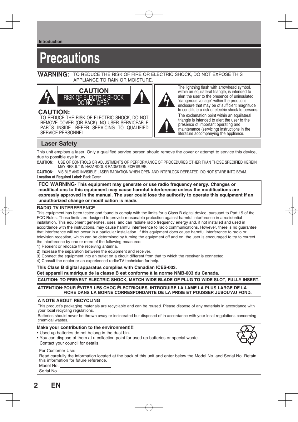 Precautions, Caution, Caution risk of electric shock do not open | Warning, Laser safety | Toshiba D-RW2SU User Manual | Page 2 / 48