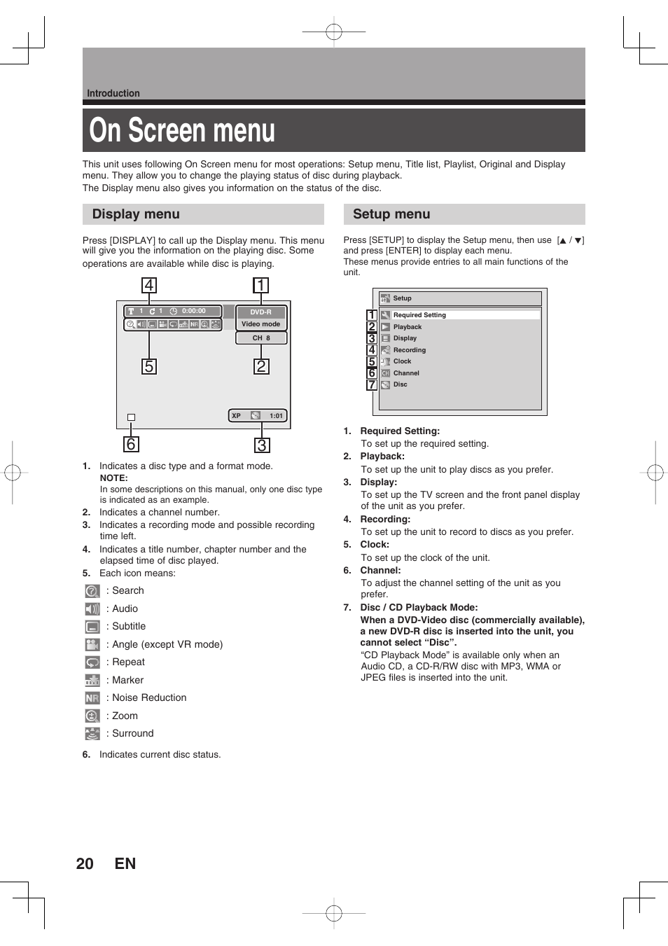 On screen menu, Display menu, Setup menu | Toshiba D-RW2SU User Manual | Page 20 / 48
