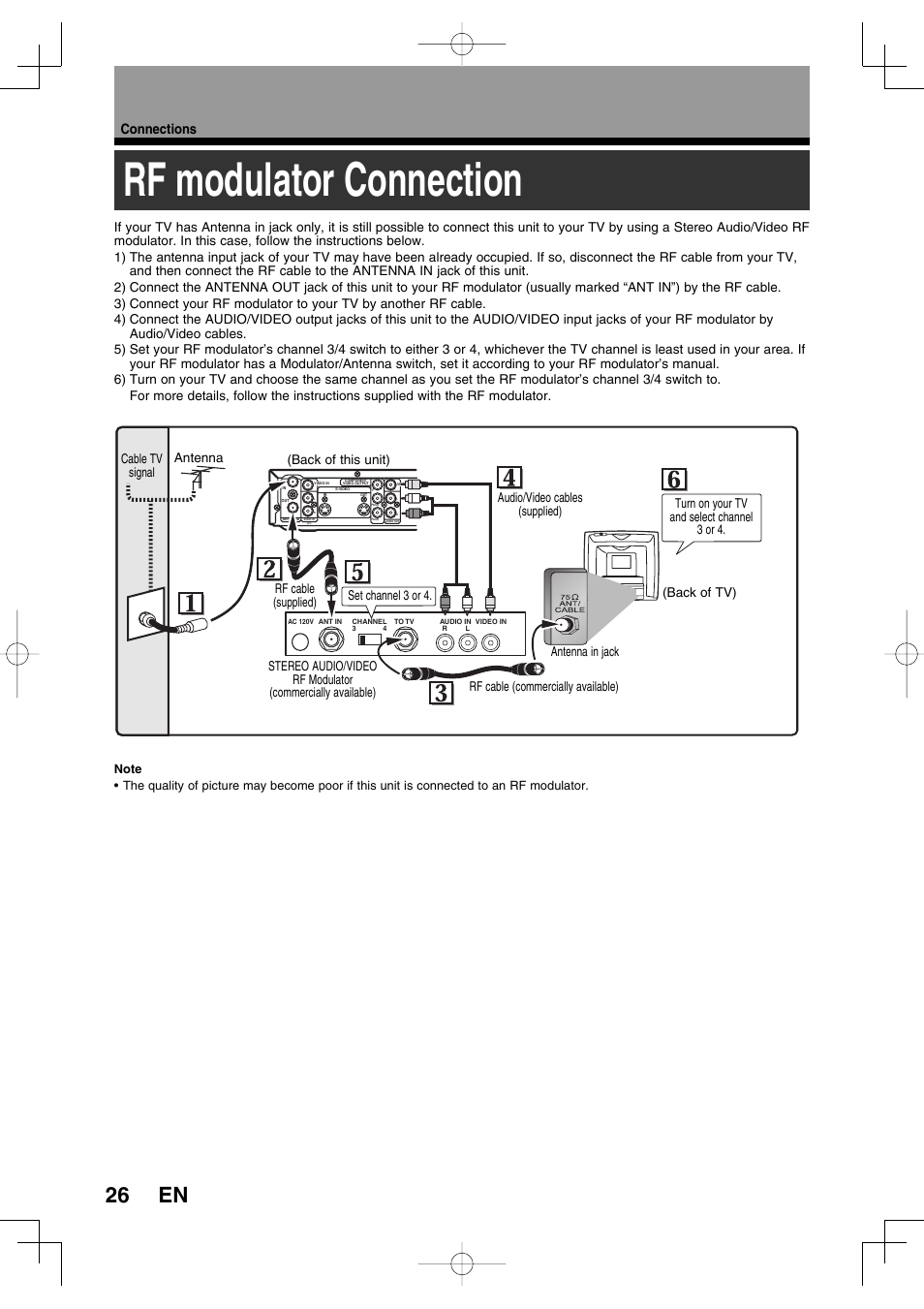 Rf modulator connection, Connections | Toshiba D-RW2SU User Manual | Page 26 / 48