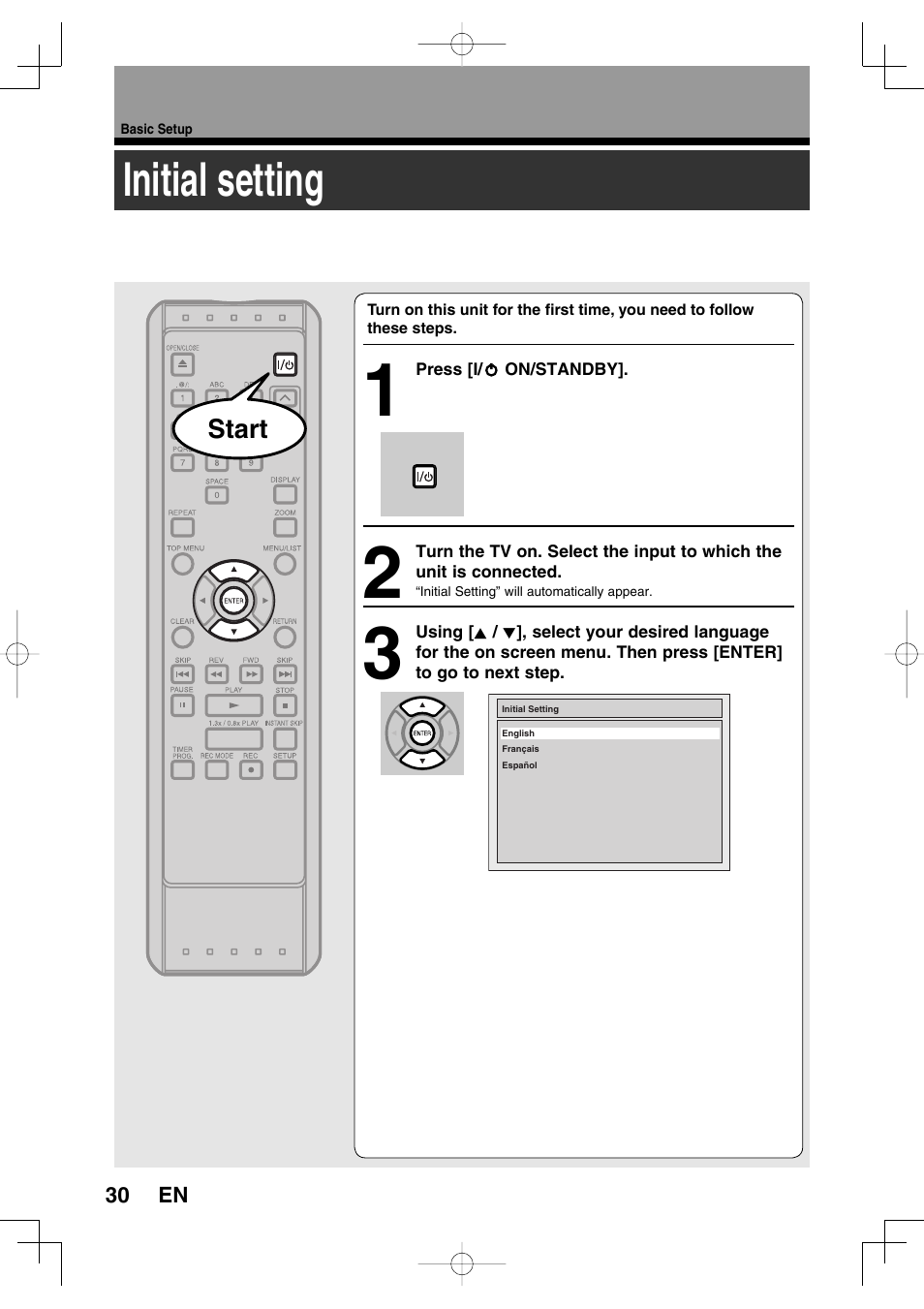 Initial setting | Toshiba D-RW2SU User Manual | Page 30 / 48