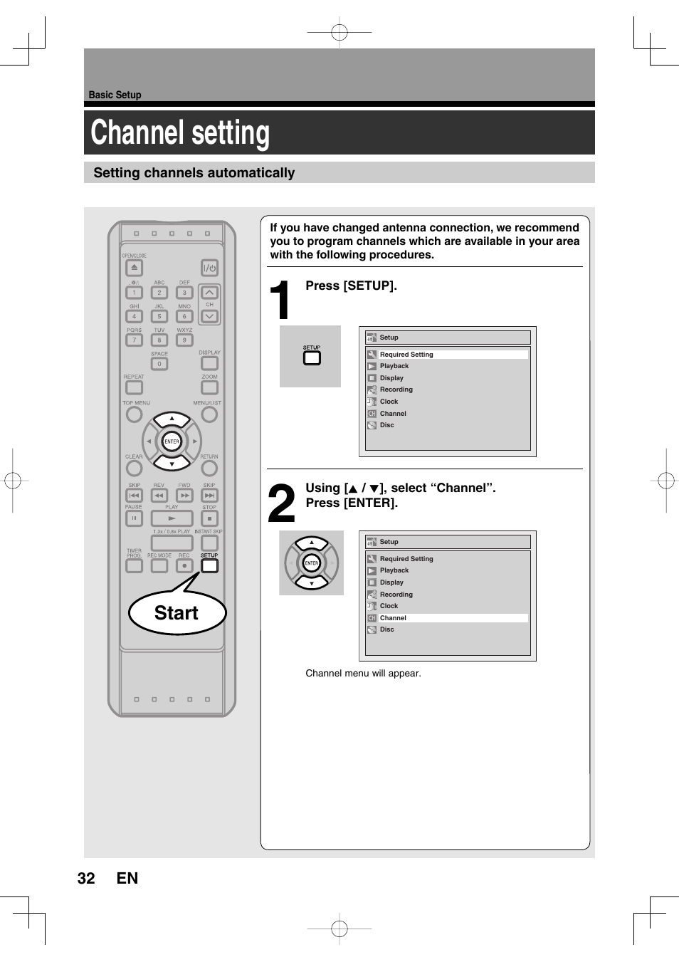 Channel setting, Start | Toshiba D-RW2SU User Manual | Page 32 / 48