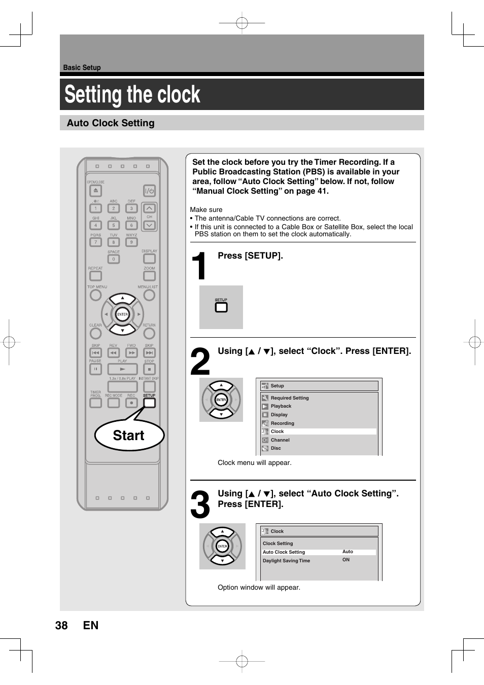 Setting the clock, Start | Toshiba D-RW2SU User Manual | Page 38 / 48