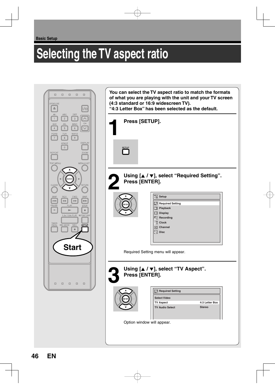 Selecting the tv aspect ratio, Start | Toshiba D-RW2SU User Manual | Page 46 / 48