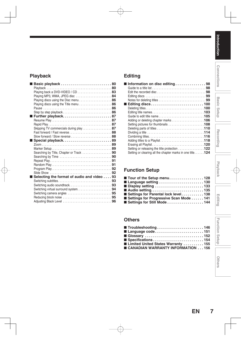 Playback, Editing, Function setup | Others | Toshiba D-RW2SU User Manual | Page 7 / 48