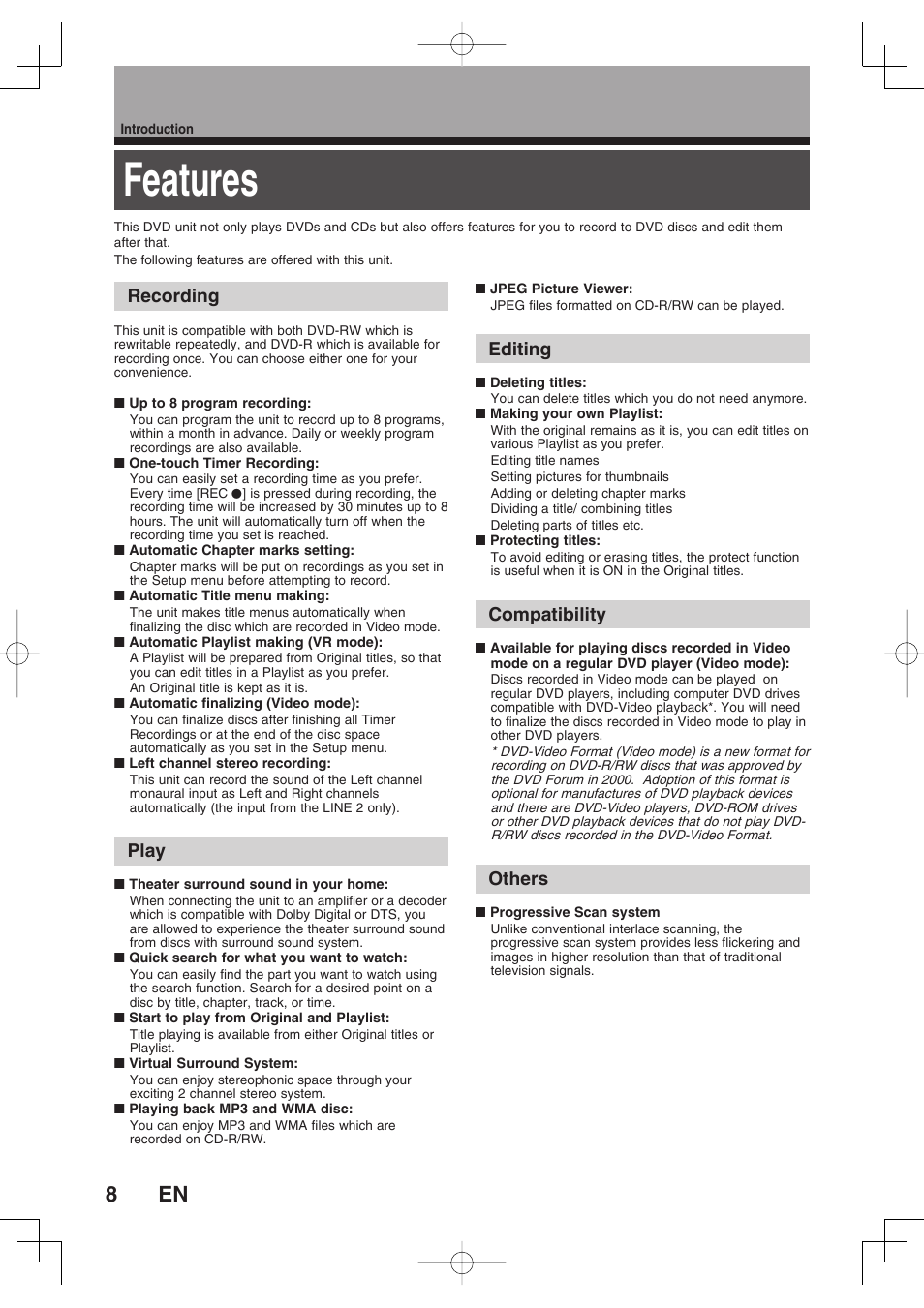 Features, Recording, Play | Editing, Compatibility, Others | Toshiba D-RW2SU User Manual | Page 8 / 48