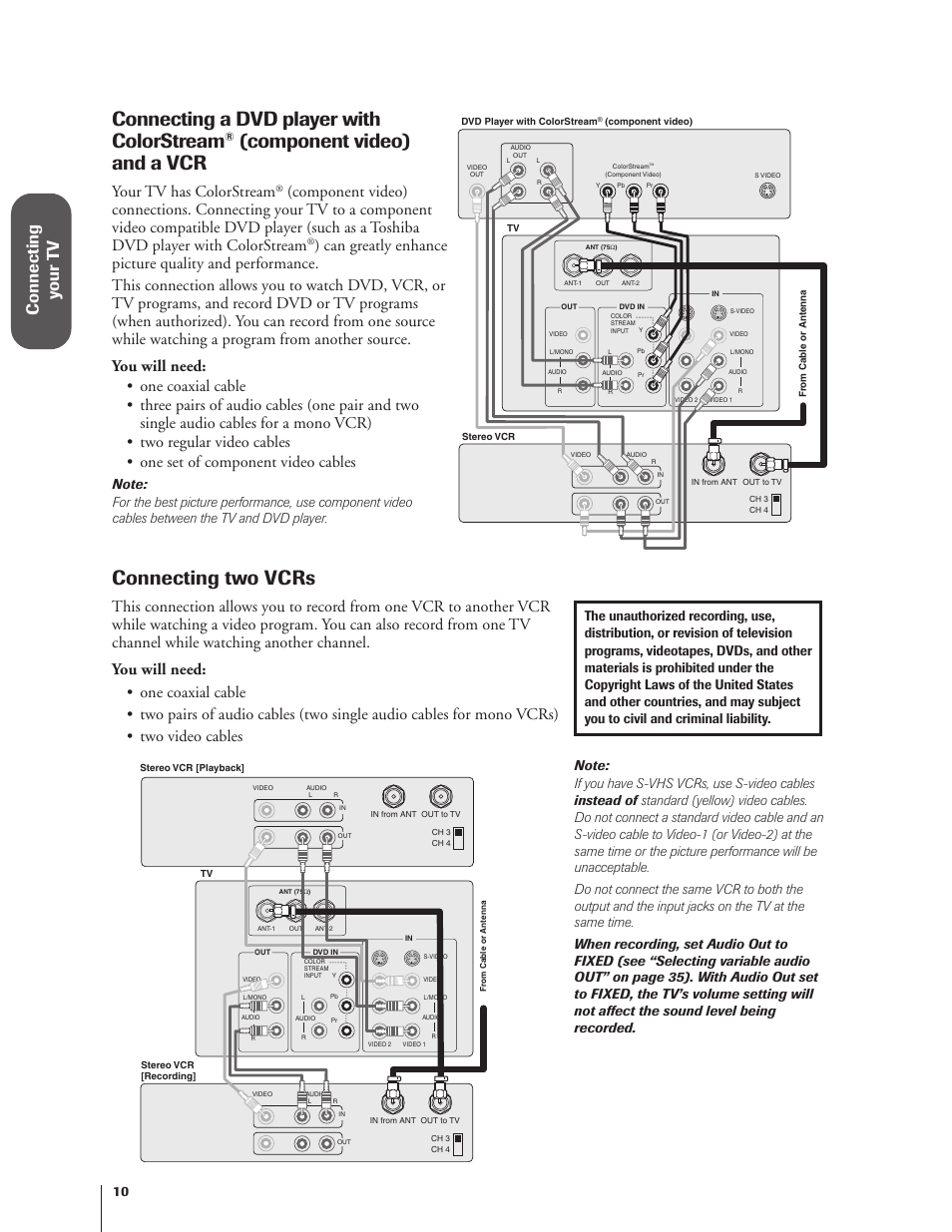 Dvd player with colorstream and a vcr / two vcrs, Connecting a dvd player with colorstream, Component video) and a vcr | Connecting two vcrs, Connecting y our t v, Your tv has colorstream | Toshiba 27AF62 User Manual | Page 10 / 41