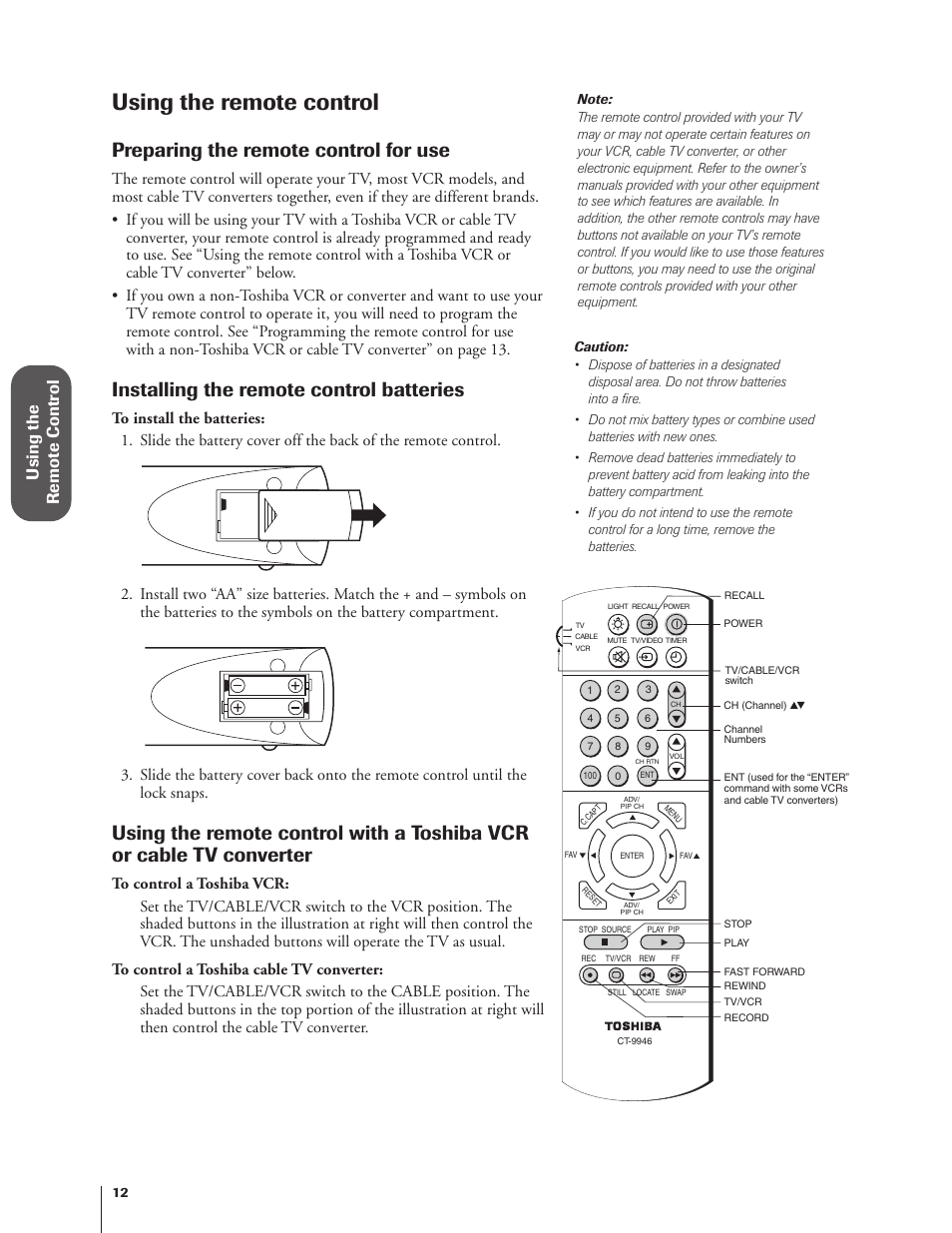 Using the remote control, Preparing the remote control for use, Installing the remote control batteries | Using the remote contr ol | Toshiba 27AF62 User Manual | Page 12 / 41