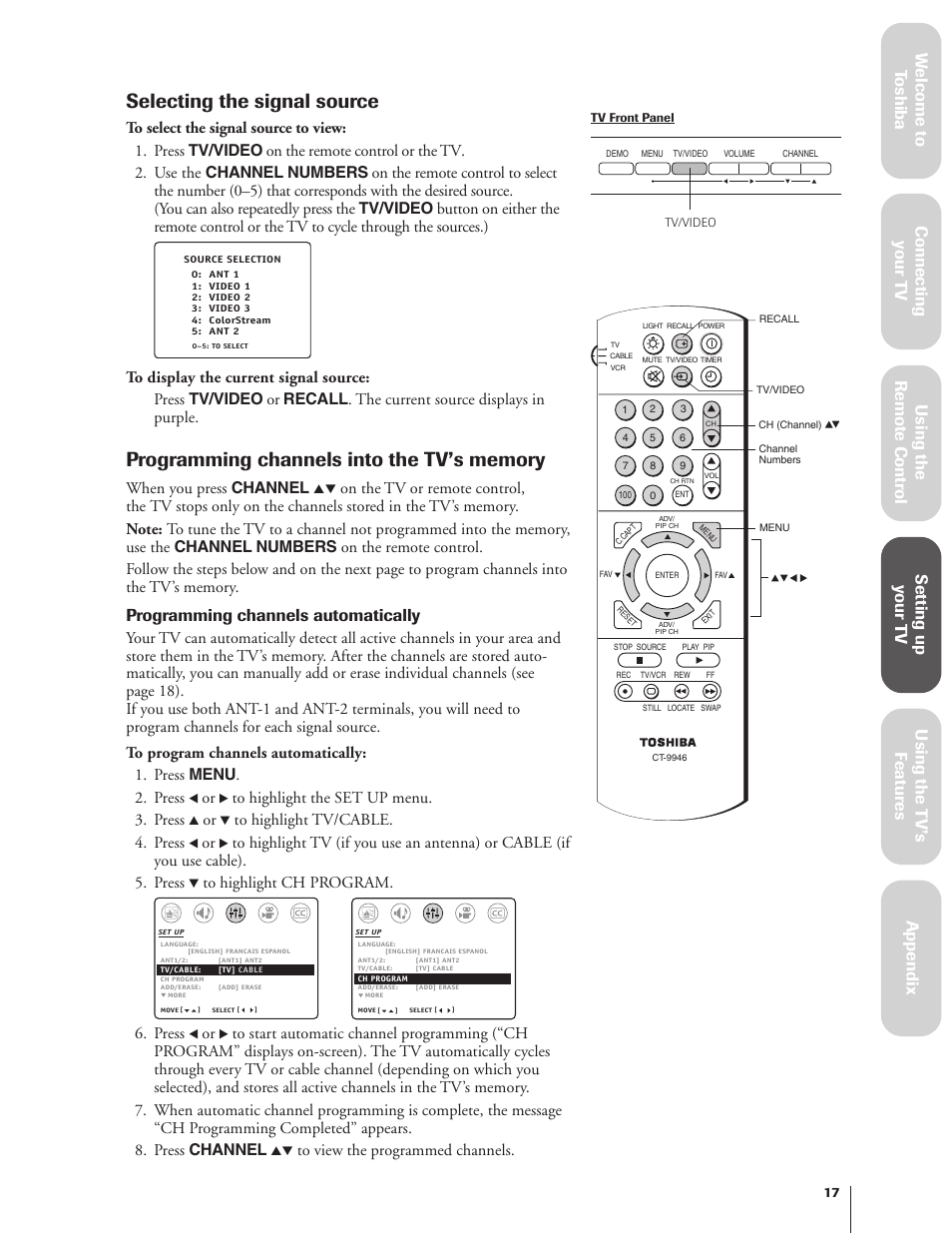 Selecting the signal source, Programming channels automatically, When you press channel | Press | Toshiba 27AF62 User Manual | Page 17 / 41