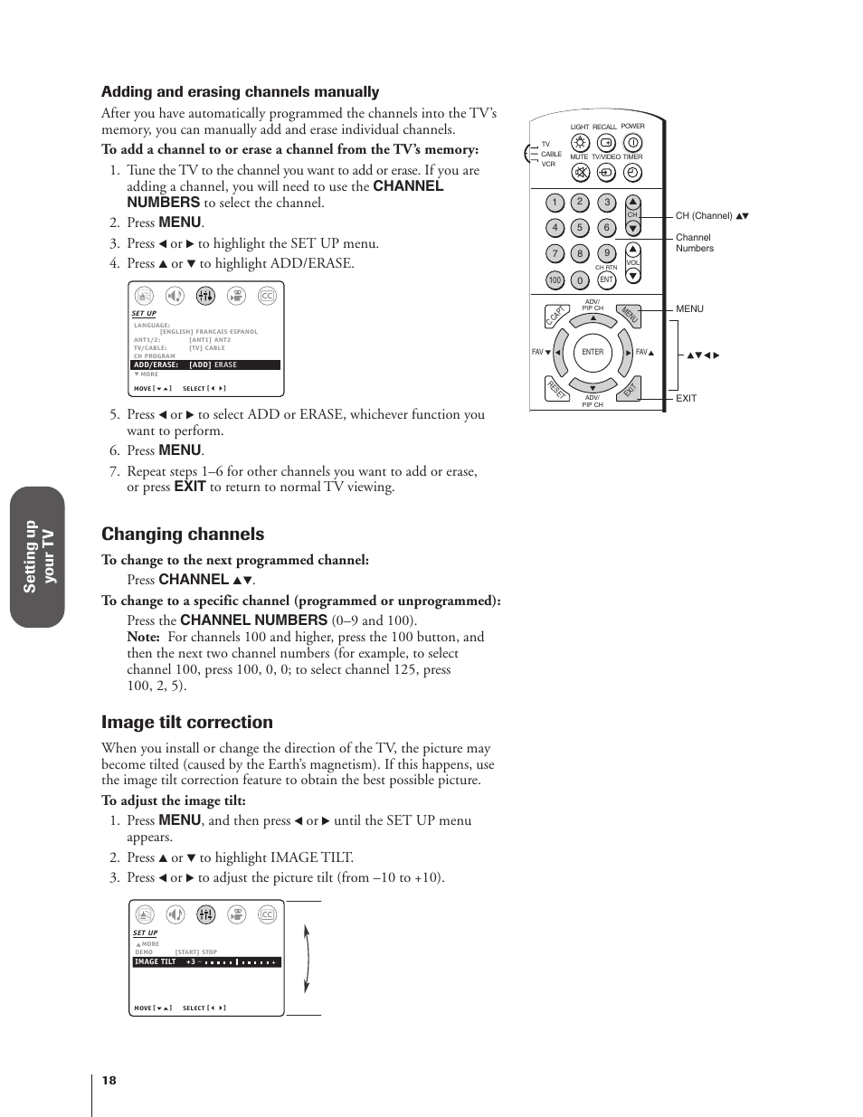 Changing channels, Image tilt correction, Setting up y our t v | Adding and erasing channels manually, Press, Until the set up menu appears. 2. press | Toshiba 27AF62 User Manual | Page 18 / 41