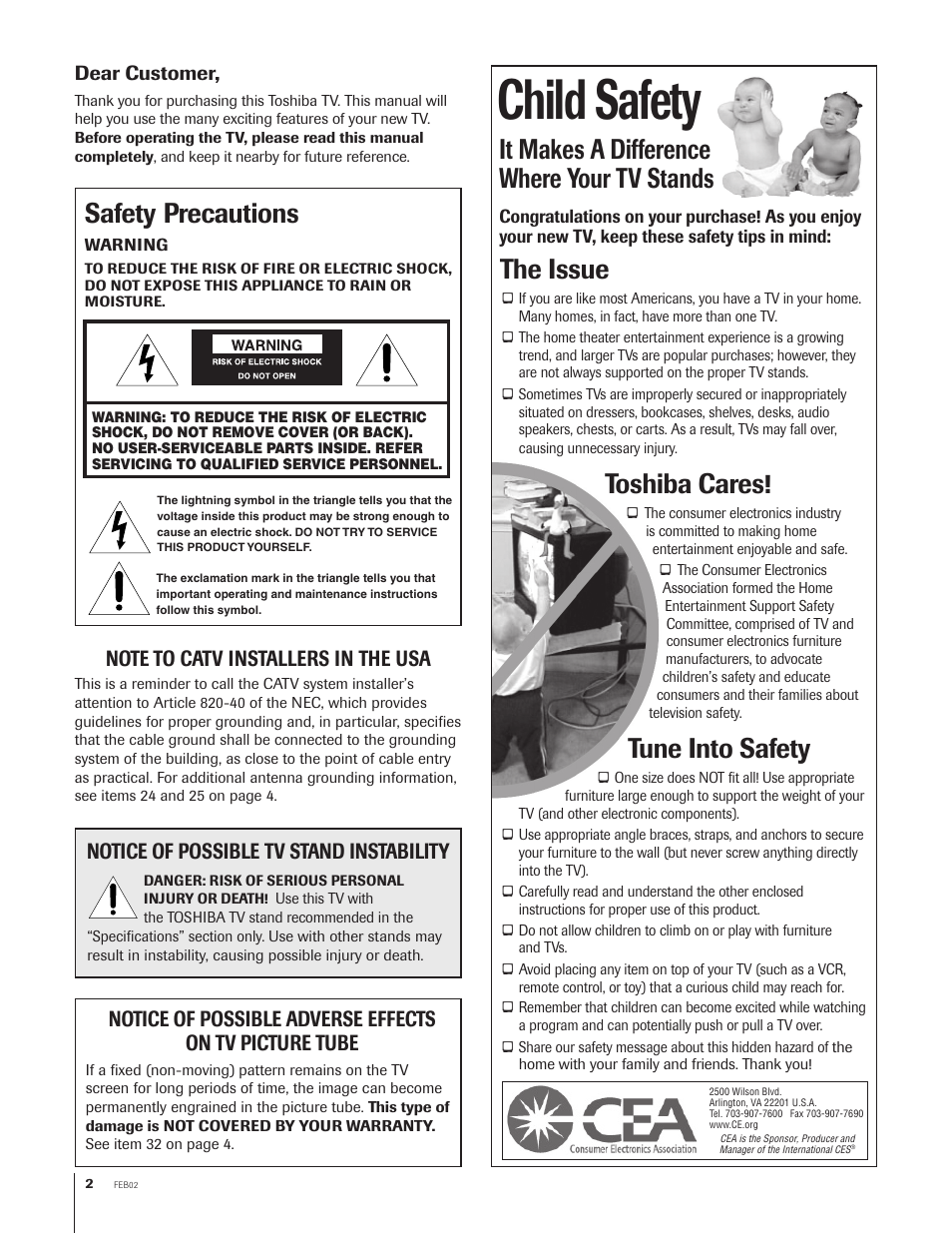 Safety precautions, Child safety, It makes a difference where your tv stands | The issue, Toshiba cares, Tune into safety, Notice of possible tv stand instability | Toshiba 27AF62 User Manual | Page 2 / 41