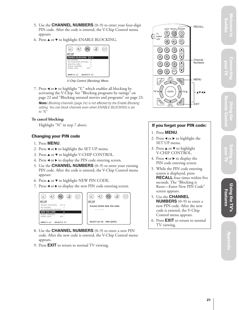 If you forget your pin code, Changing your pin code | Toshiba 27AF62 User Manual | Page 21 / 41