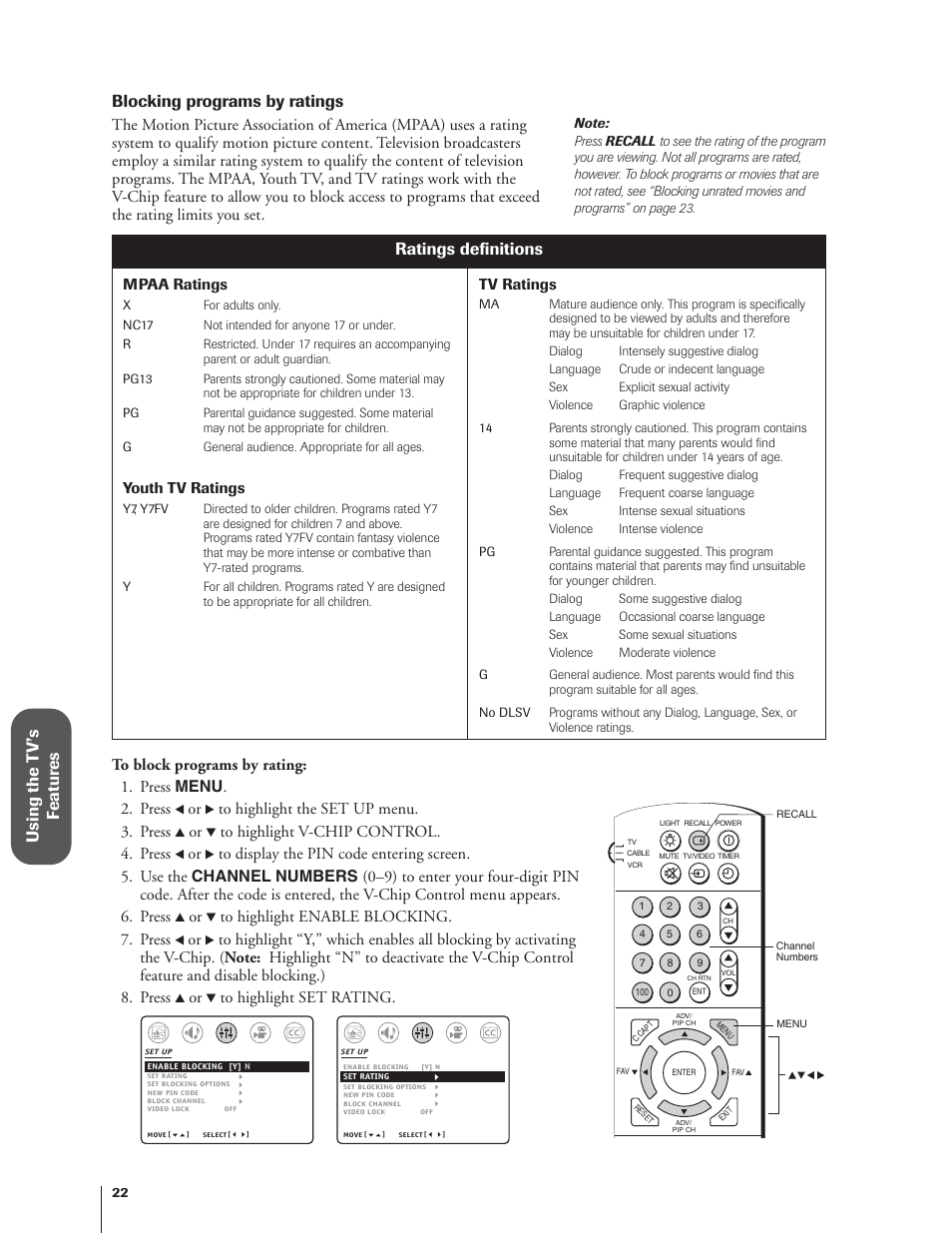 Using the t v’s f eatur es, Blocking programs by ratings, Ratings definitions | Toshiba 27AF62 User Manual | Page 22 / 41