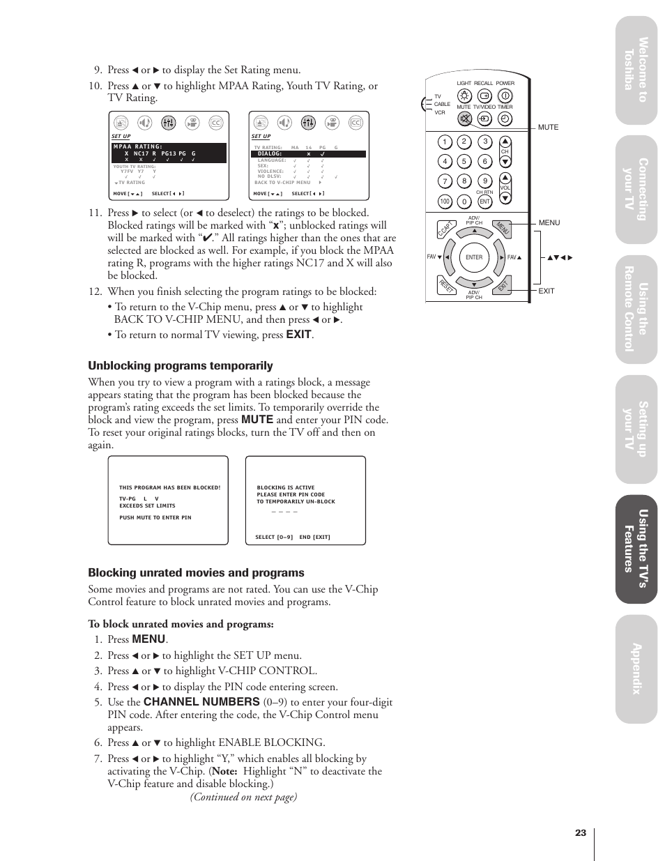 Unblocking programs temporarily, Blocking unrated movies and programs, Press | Continued on next page) | Toshiba 27AF62 User Manual | Page 23 / 41