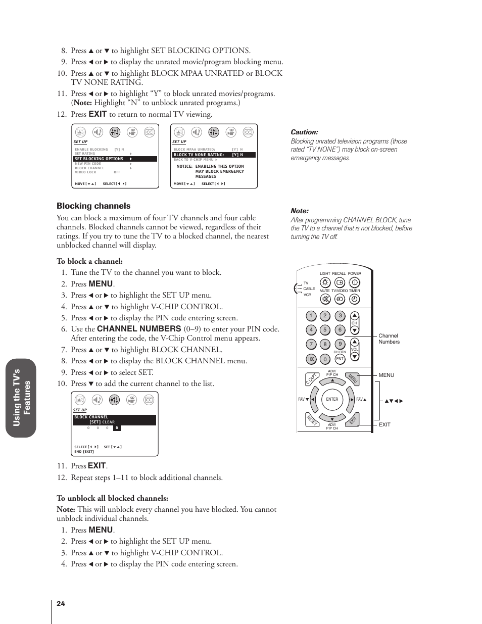 Using the t v’s f eatur es, Blocking channels, Press | Toshiba 27AF62 User Manual | Page 24 / 41