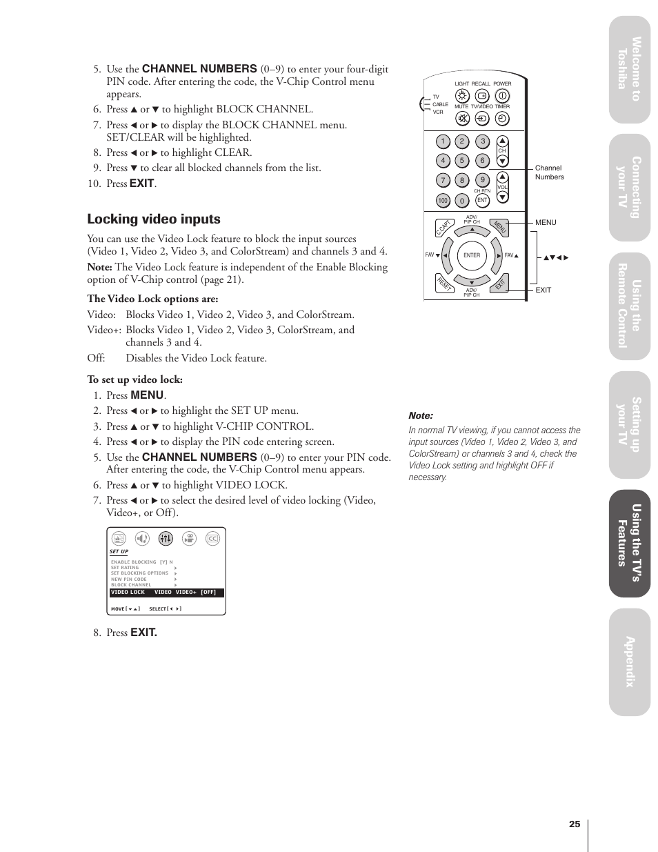 Locking video inputs | Toshiba 27AF62 User Manual | Page 25 / 41