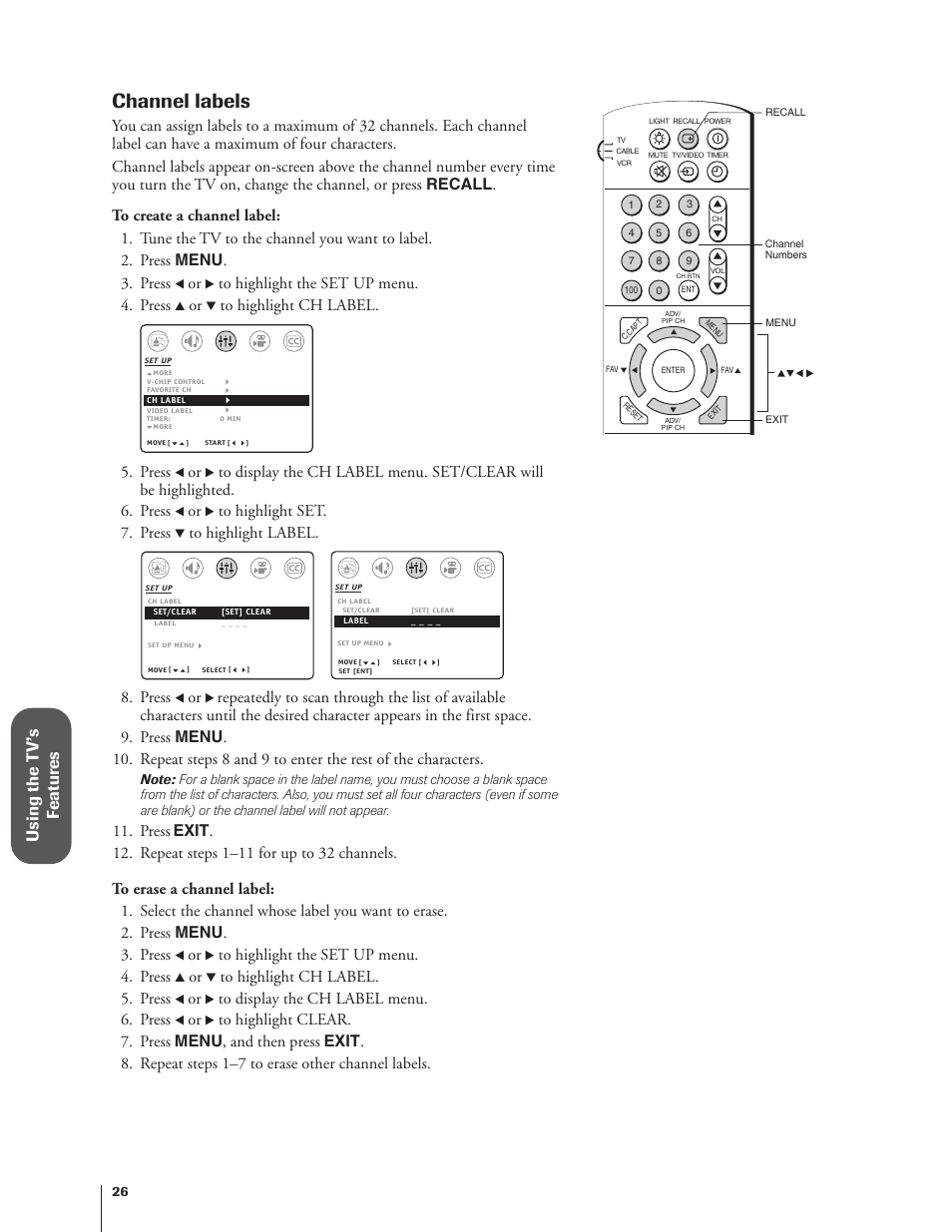 Channel labels, Using the t v’s f eatur es, Press | Toshiba 27AF62 User Manual | Page 26 / 41