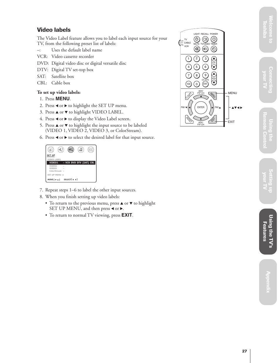 Video labels | Toshiba 27AF62 User Manual | Page 27 / 41