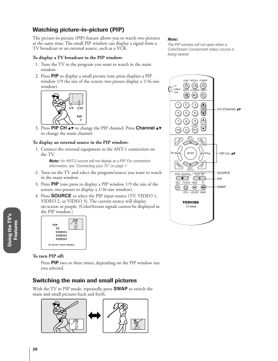 Watching picture-in-picture (pip), Switching the main and small pictures, Using the t v’s f eatur es | Press pip ch | Toshiba 27AF62 User Manual | Page 28 / 41