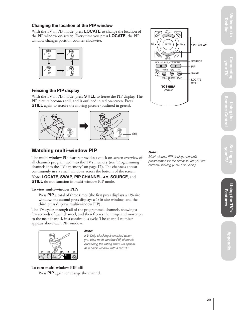 Watching multi-window pip, Changing the location of the pip window, Freezing the pip display | Toshiba 27AF62 User Manual | Page 29 / 41