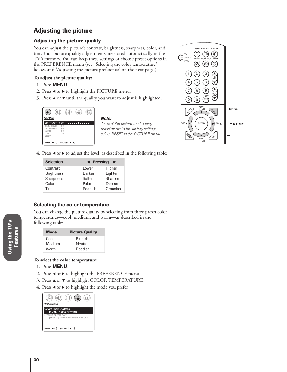 Adjusting the picture, Using the t v’s f eatur es, Adjusting the picture quality | Selecting the color temperature, Press | Toshiba 27AF62 User Manual | Page 30 / 41