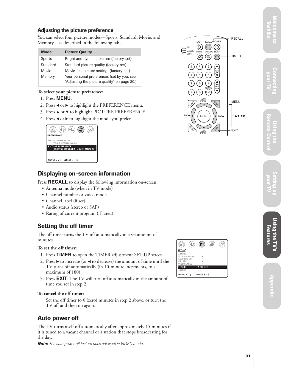 Setting the off timer, Displaying on-screen information, Auto power off | Adjusting the picture preference | Toshiba 27AF62 User Manual | Page 31 / 41