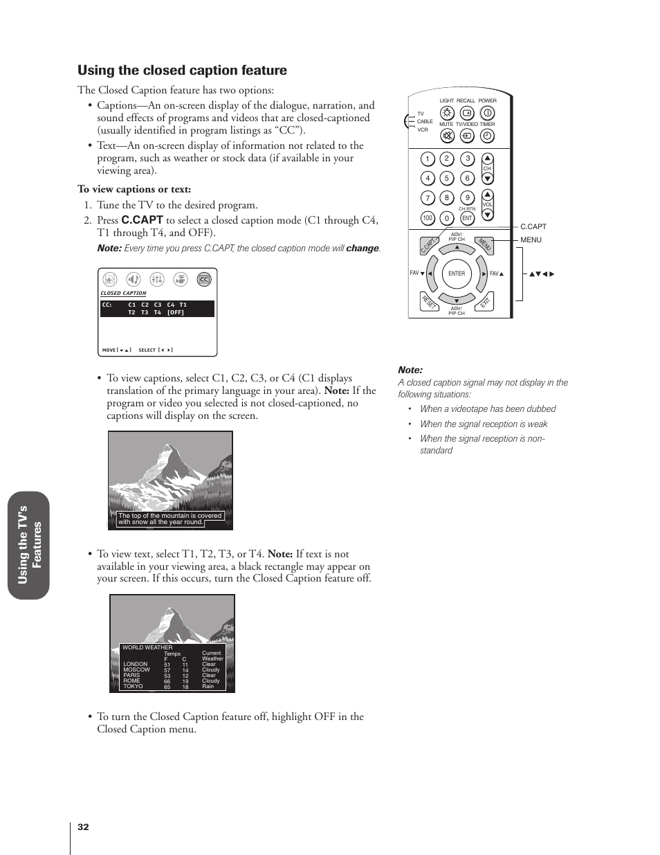 Using closed caption, Using the closed caption feature, Using the t v’s f eatur es | Toshiba 27AF62 User Manual | Page 32 / 41