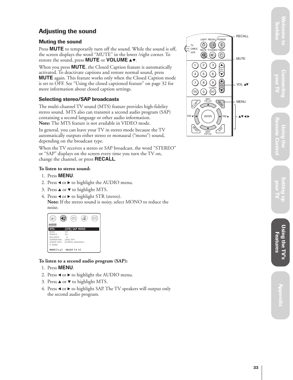 Adjusting the sound, Muting the sound, Selecting stereo/sap broadcasts | Toshiba 27AF62 User Manual | Page 33 / 41