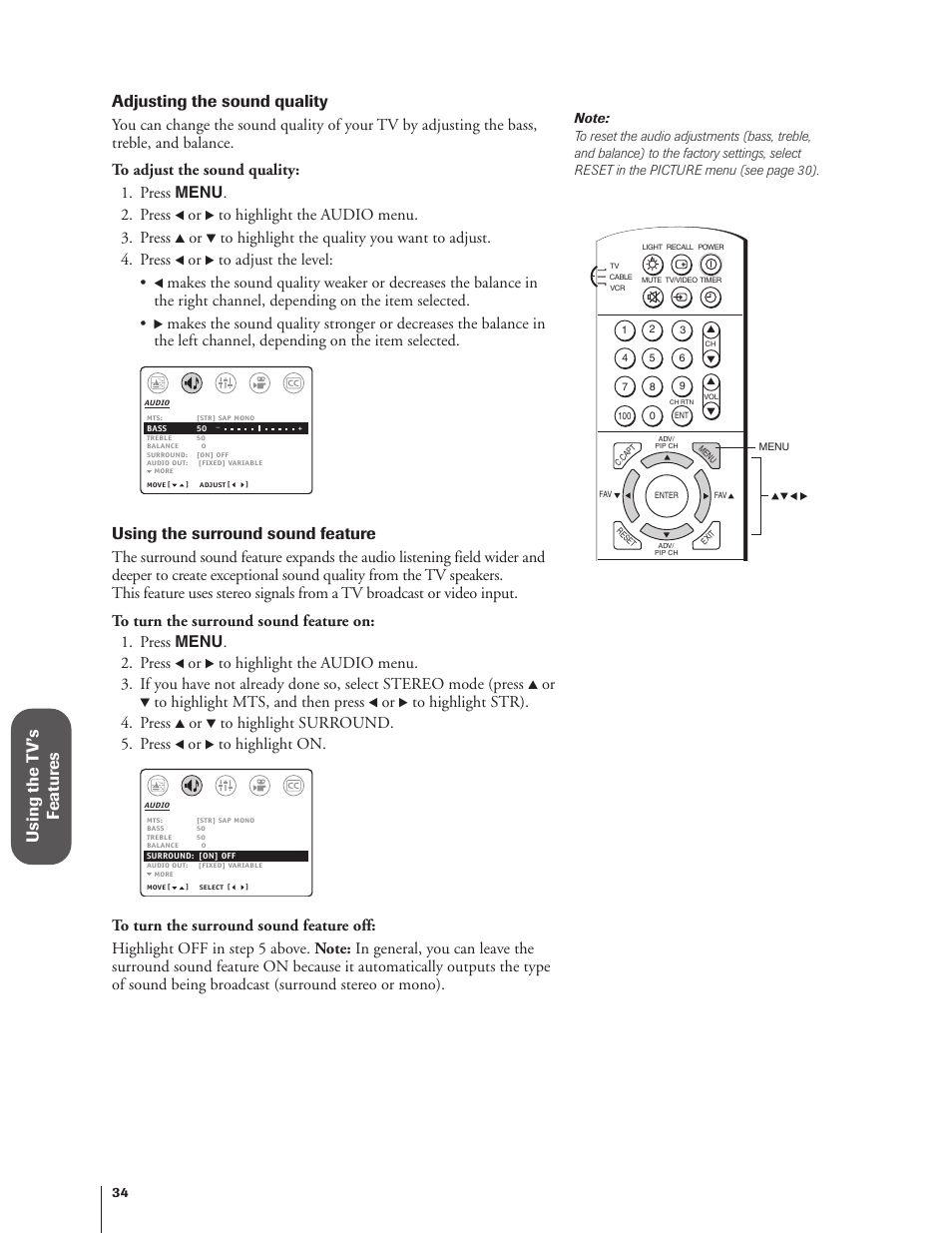 Using the t v’s f eatur es, Adjusting the sound quality, Using the surround sound feature | Toshiba 27AF62 User Manual | Page 34 / 41